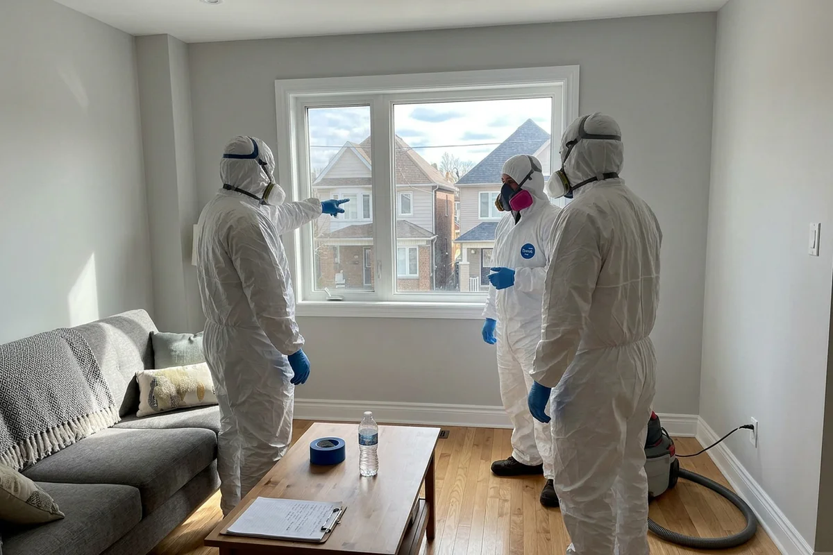 Three crew members in PPE standing in a restored living room, seen from behind