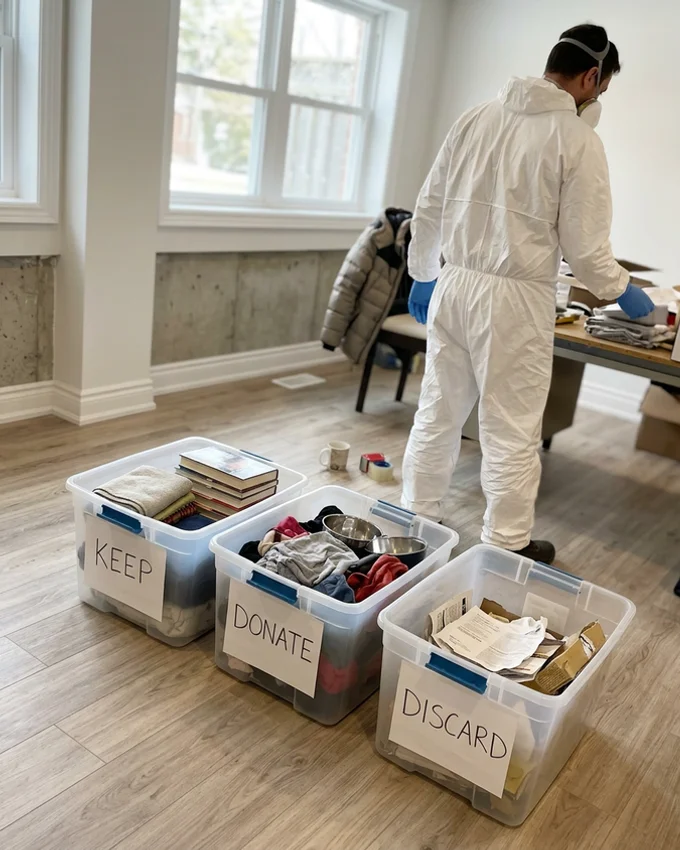 Keep, donate and discard bins in a clean basement