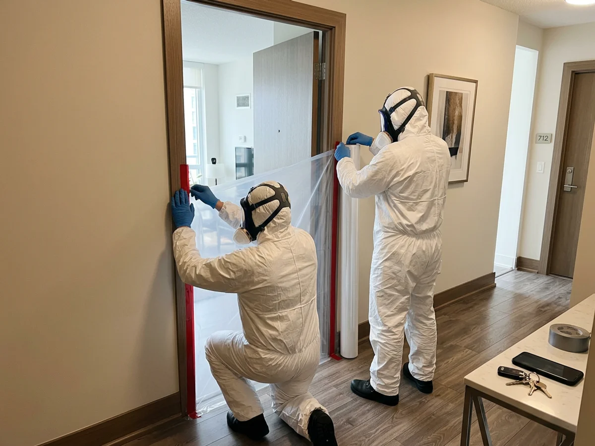 Two biohazard technicians in full PPE setting up containment at a condo doorway