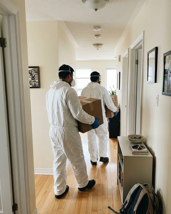 Two crew members in PPE carrying sealed boxes down a cleared hallway
