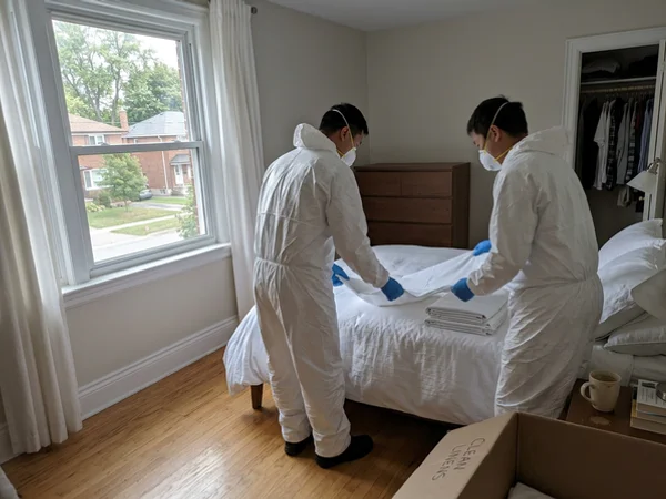 Two crew members folding linens in a calm bedroom