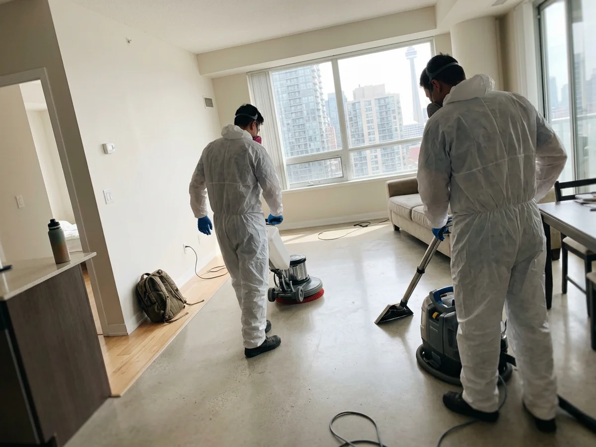 Two crew members steam cleaning and scrubbing an empty condo floor
