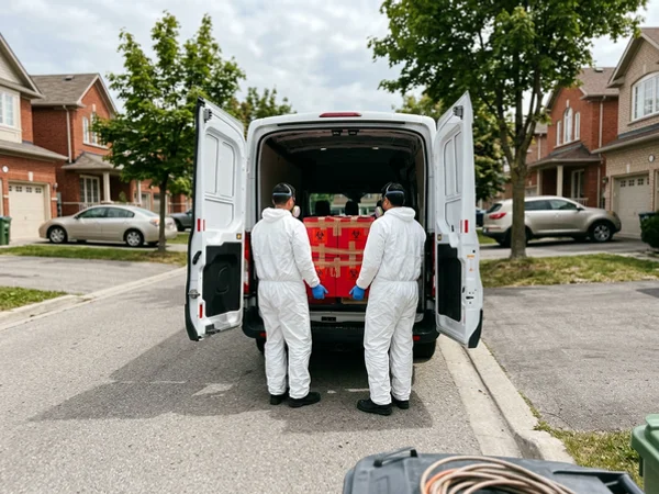 Crew loading sealed biohazard boxes into an unmarked van