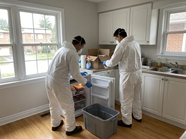 Crew removing perishables from a vacant home kitchen