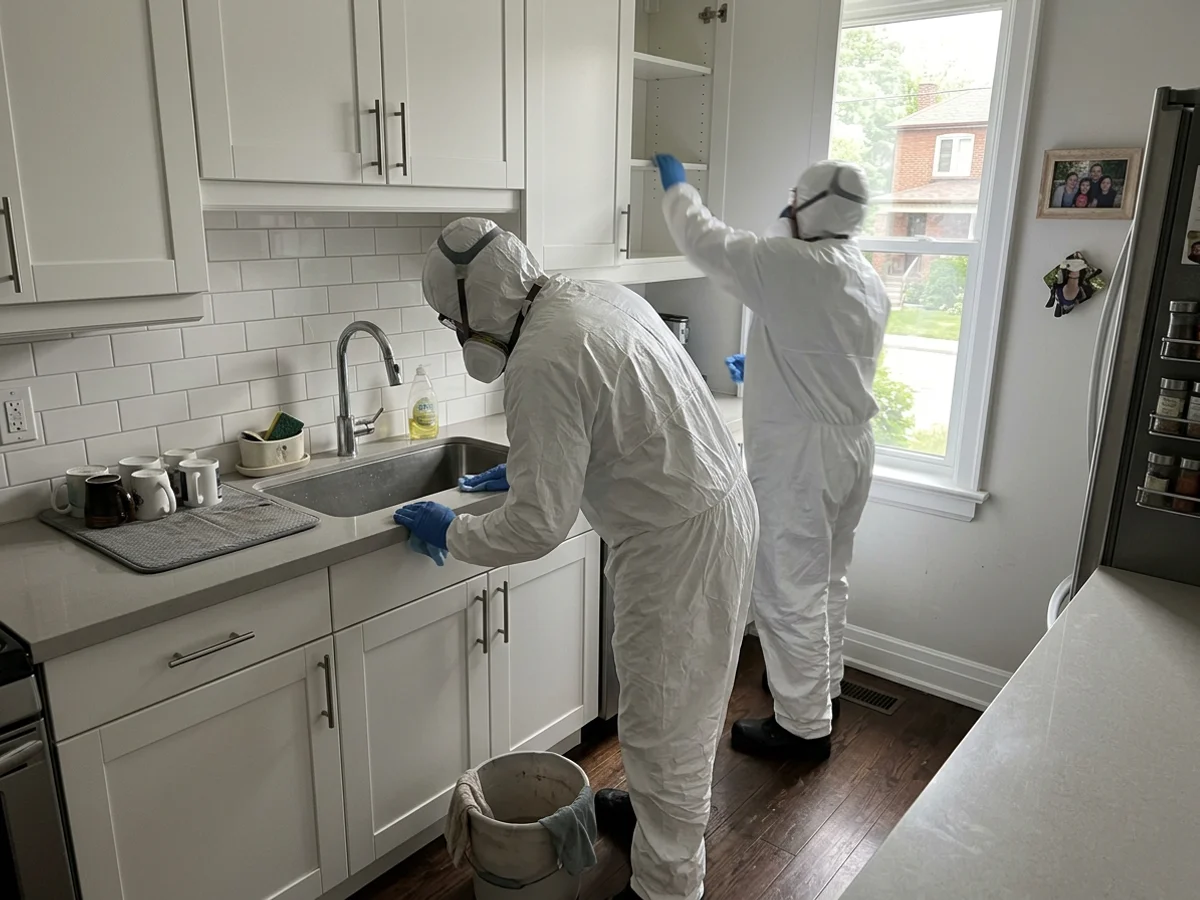 Two crew members wiping down cleared kitchen cabinets