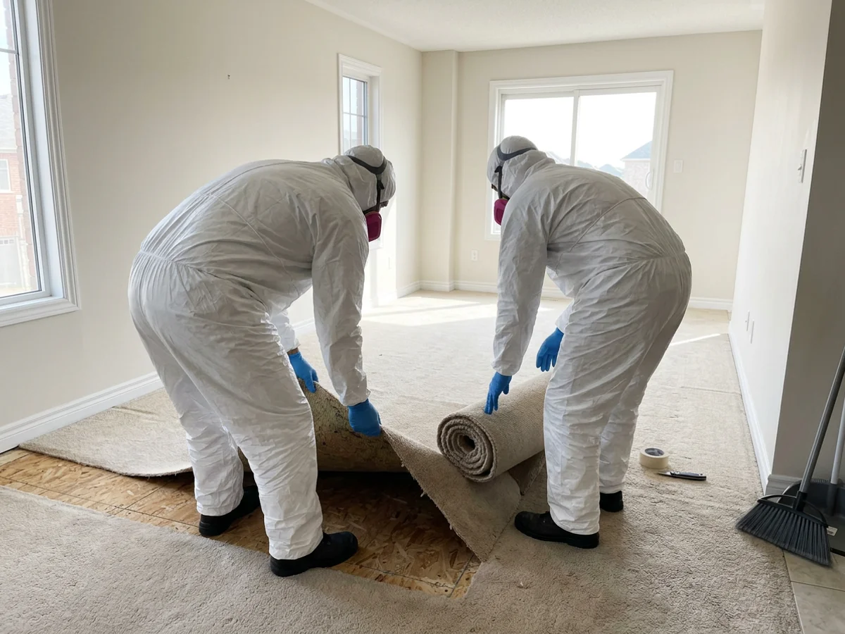 Two crew members in respirators lifting old carpet in an empty room