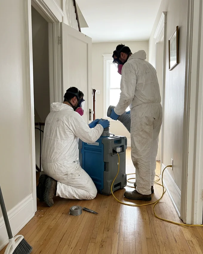 Two crew members setting up a HEPA negative air machine in a cleared hallway