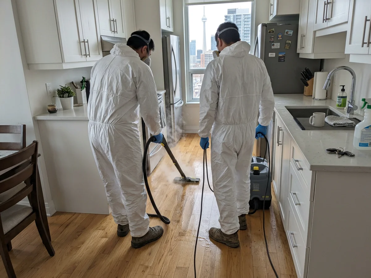 Two crew members steam cleaning a bright, cleared kitchen floor