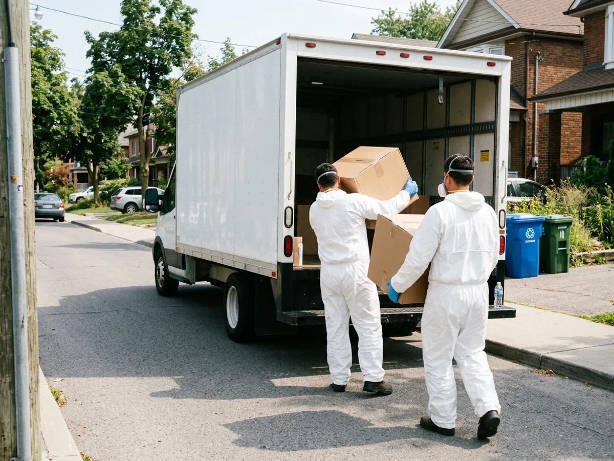 Two crew members in PPE carrying sealed boxes to an unmarked box truck
