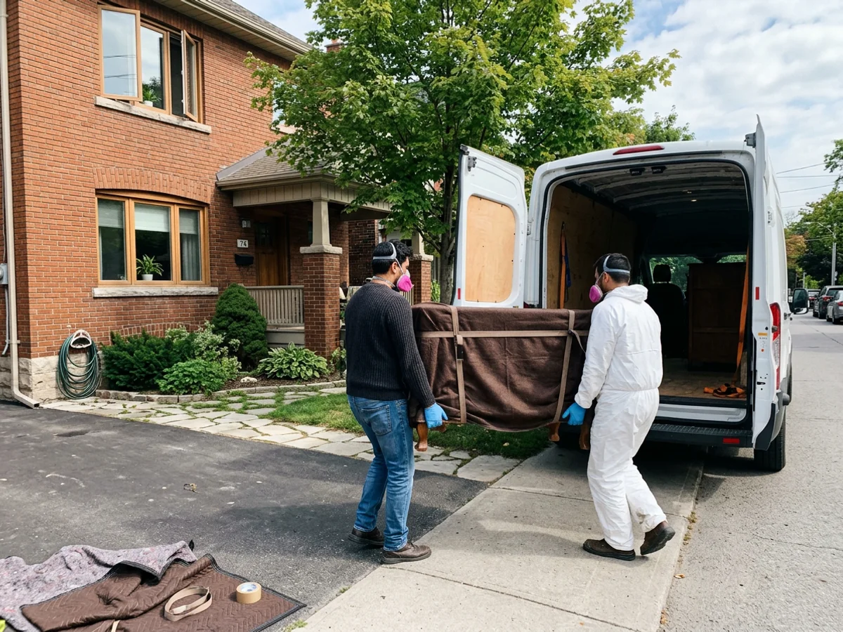 Two crew members carrying a covered dresser to an unmarked van outside a brick home