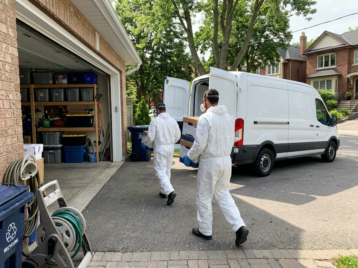 Two crew members carrying donation boxes from a tidy garage to an unmarked van
