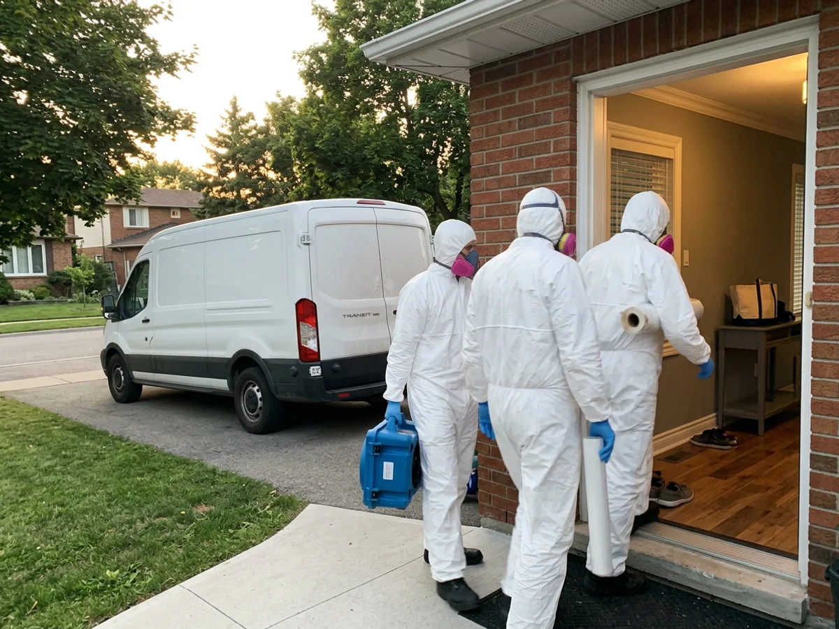 Two crew members in PPE entering a quiet home at dusk, unmarked van in the driveway