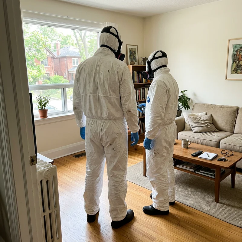 Two remediation technicians in Tyvek suits and respirators seen from behind in a cleaned living room