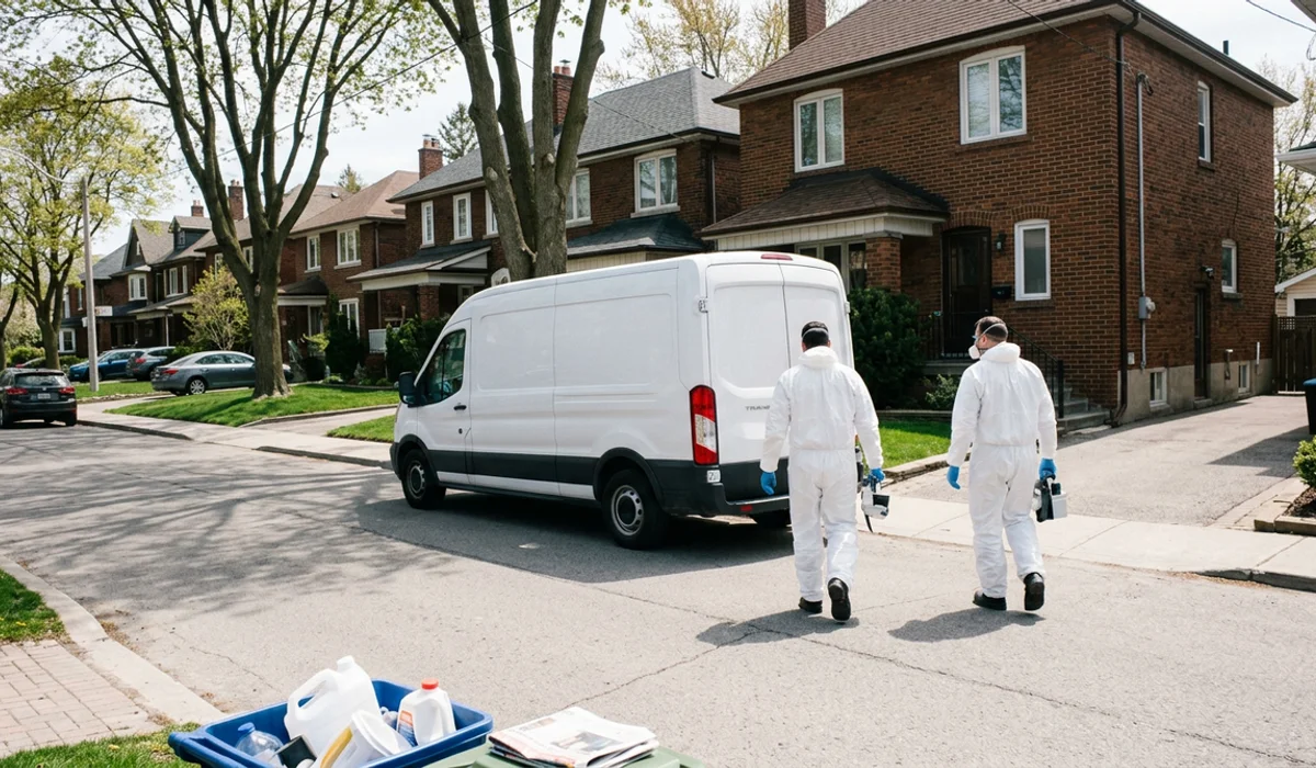 Unmarked white van on a quiet street of Toronto semis with two crew members walking to a side door